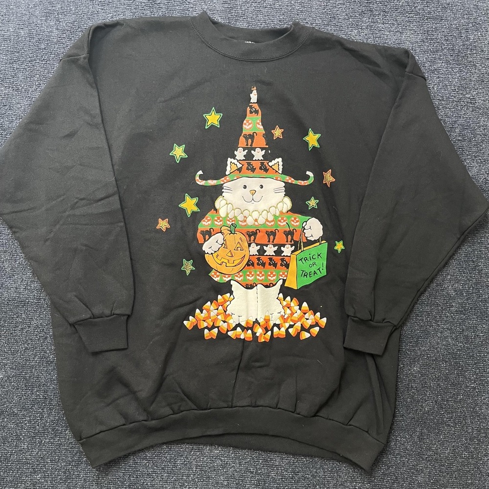 Vintage 90s MBC Sweatshirt Womens 2X Black Halloween Cat Witch Candy Corn Fleece